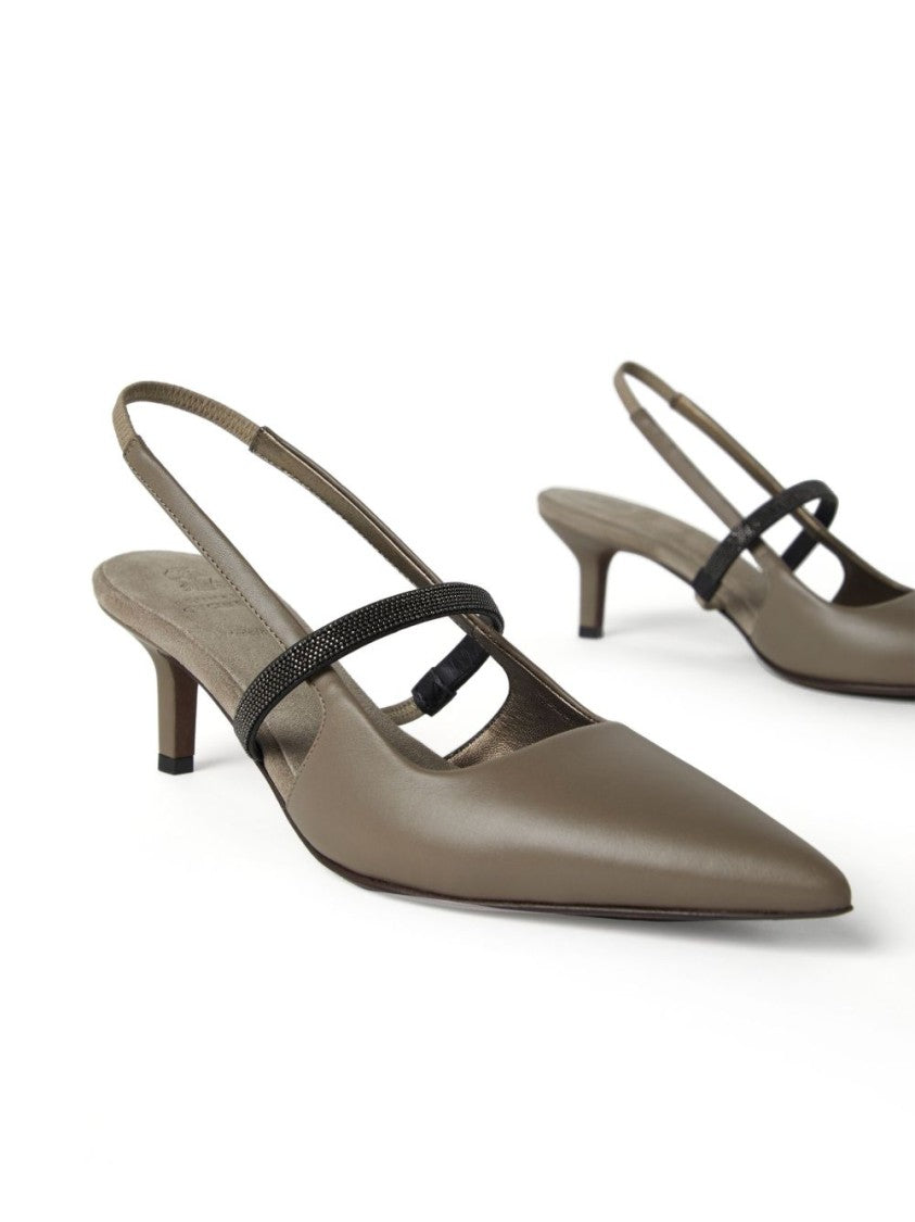 Brunello Cucinelli Pointed-Toe Slingback Shoes With Monili Chain Detail
