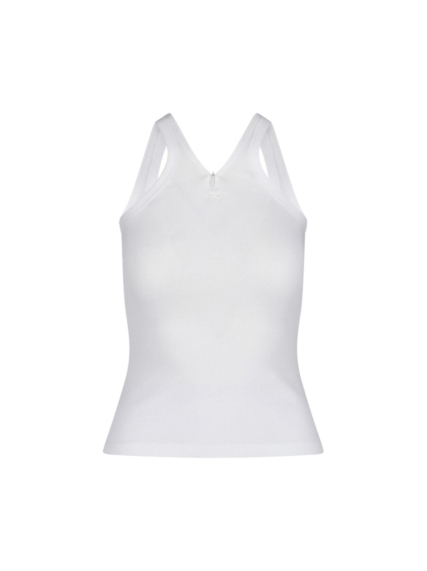 Courrèges Logo Top In White Stretch Cotton Ribbed Knit