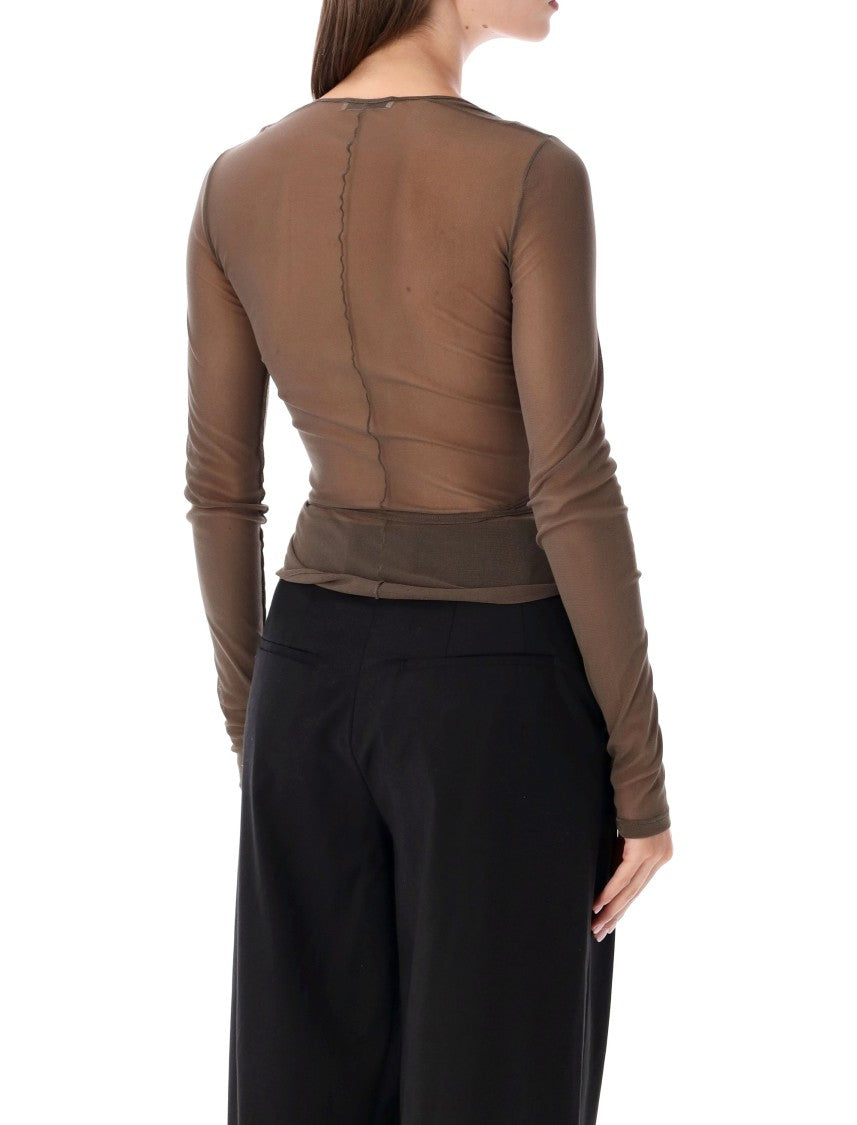 Lemaire Ballerina Wrap Sheer Mesh Jersey Long-Sleeve Top
