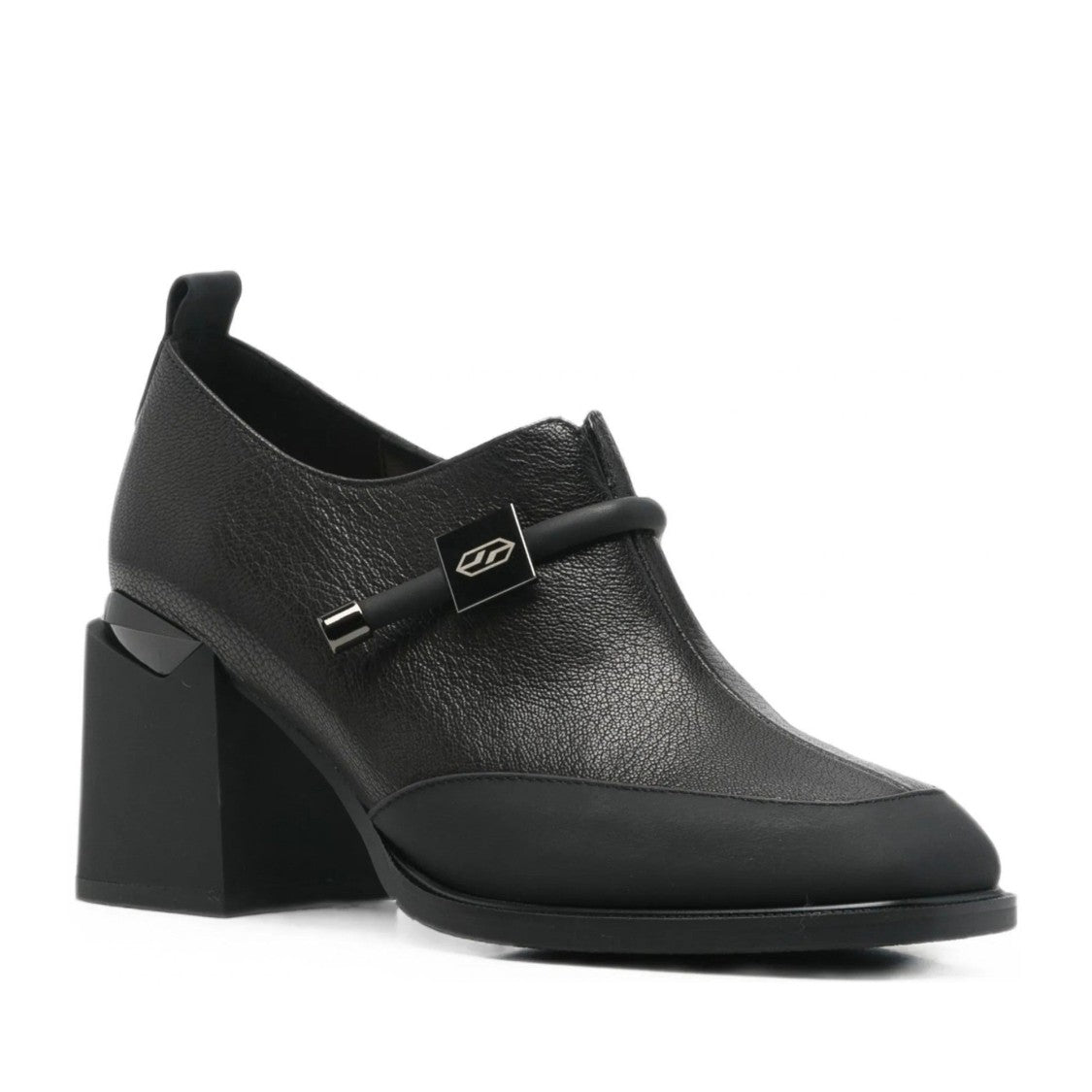 Linda Baumann Black Textured Leather Metallic Emblem Side Zipper Dress Pumps