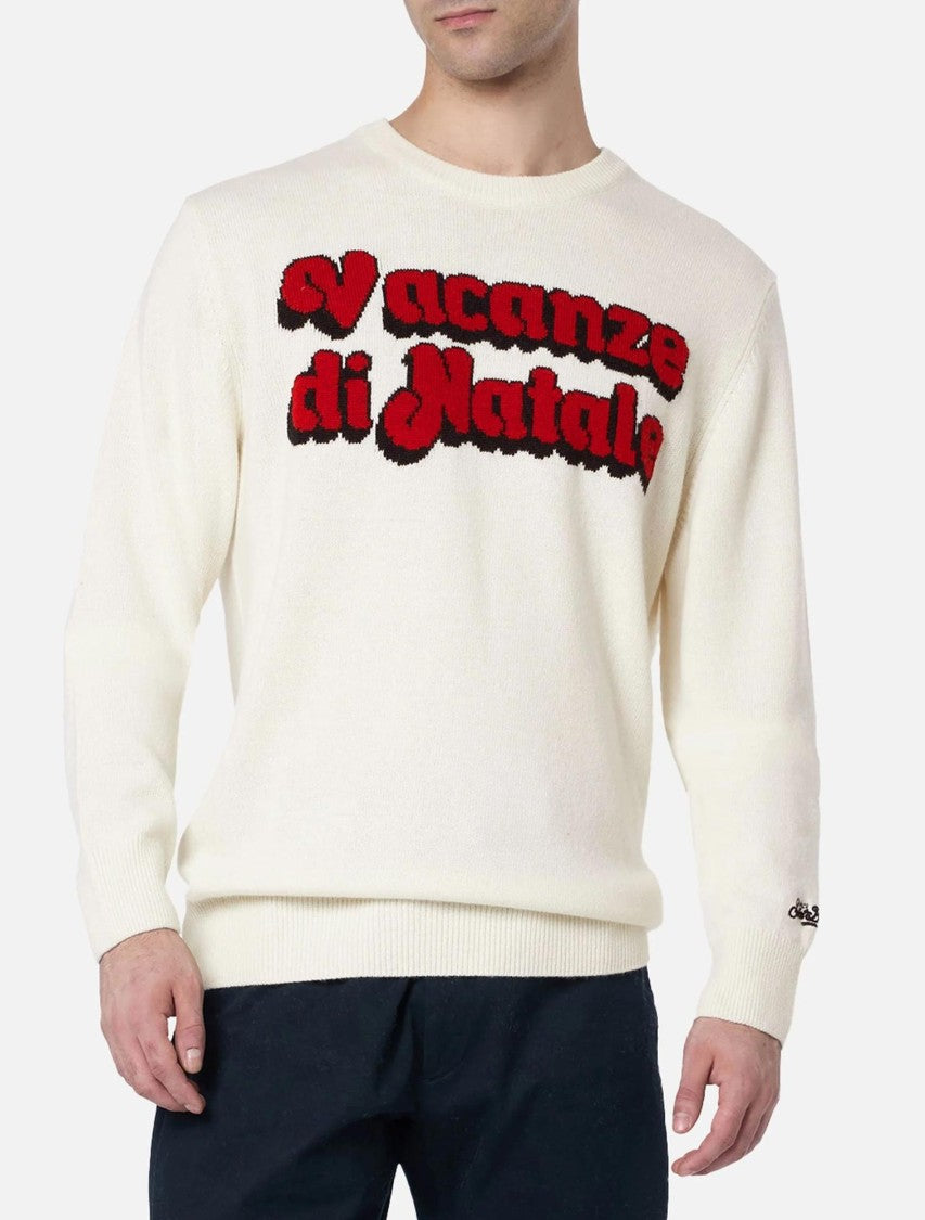 Mc2 Saint Barth White Crewneck Sweater With Textured Lettering