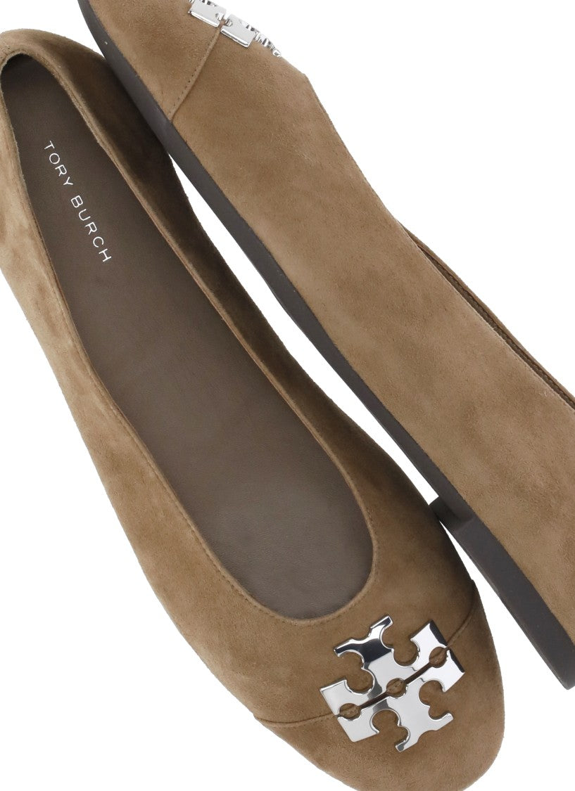 Tory Burch Brown Pointed Toe Silver Logo Suede Flats