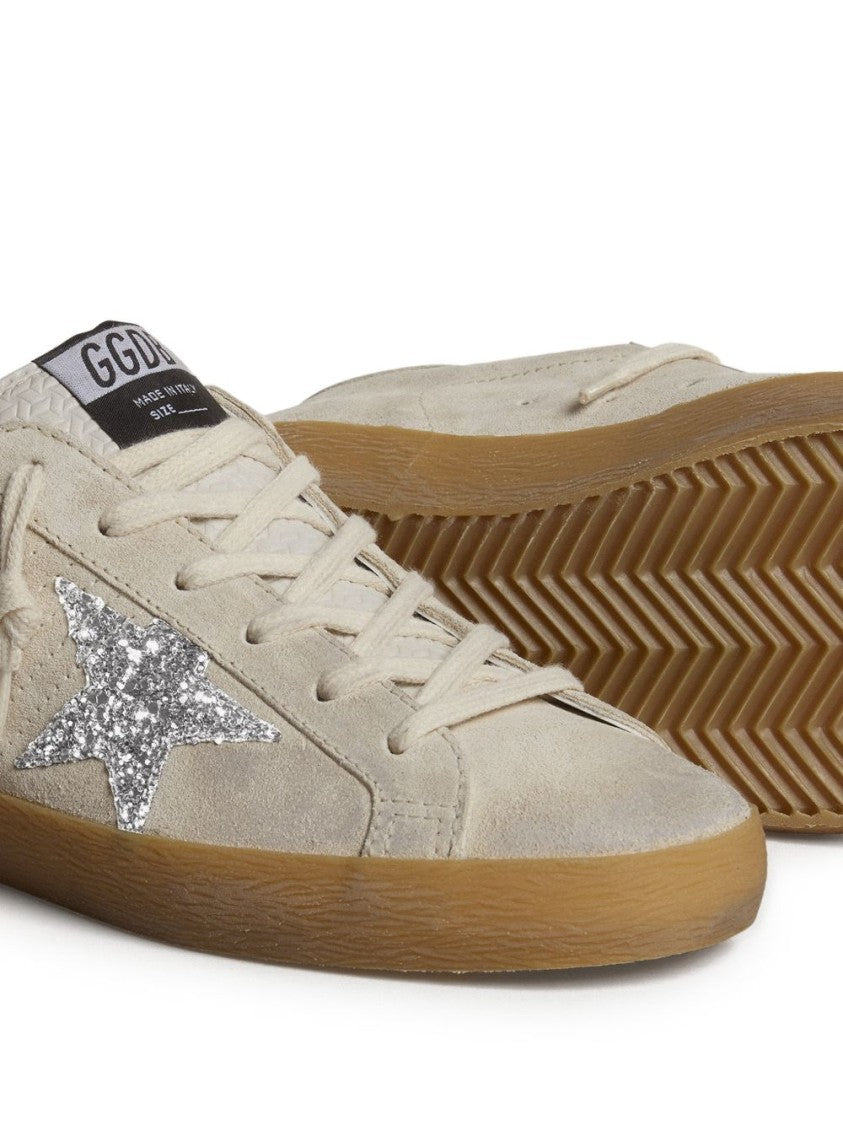 Golden Goose Beige Suede Low-Top Sneakers With Silver Glitter Star Accent