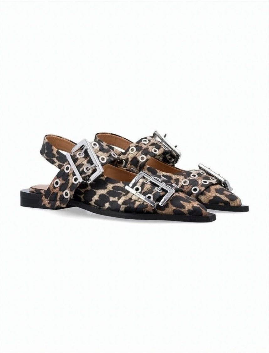 Ganni Pointed Toe Flat Shoes With Leopard Print And Silver-Tone Accents