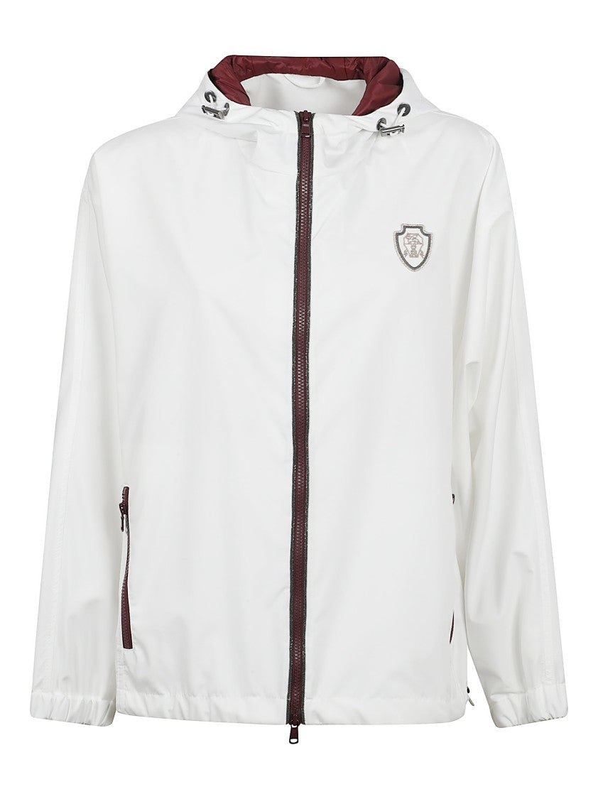 Brunello Cucinelli Front Zip Fastening White Coat With Drawstring Hood