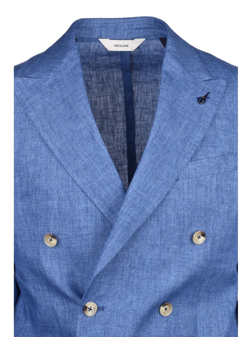 Paoloni Blue Double-Breasted Peak-Lapel Linen Blazer