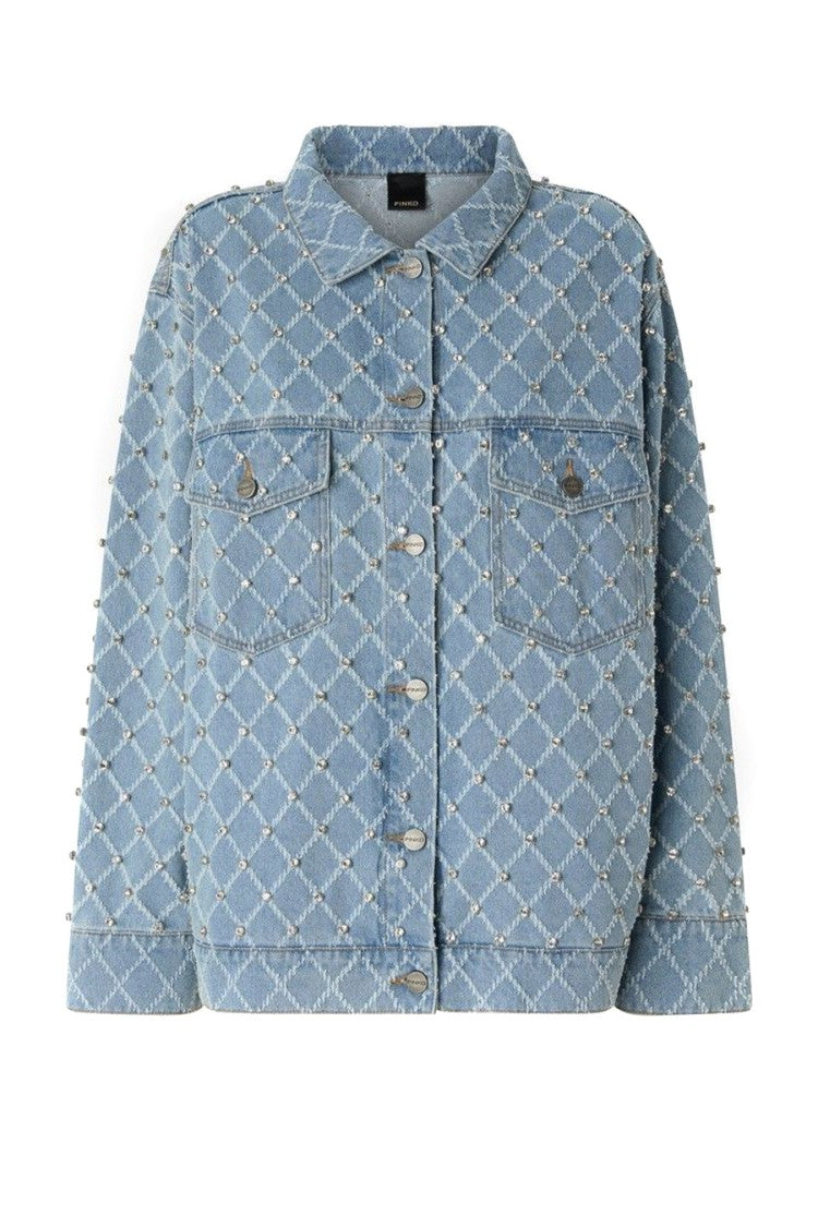 Pinko Light Blue Allover Crystal Studded Diamond Lattice Denim Jacket