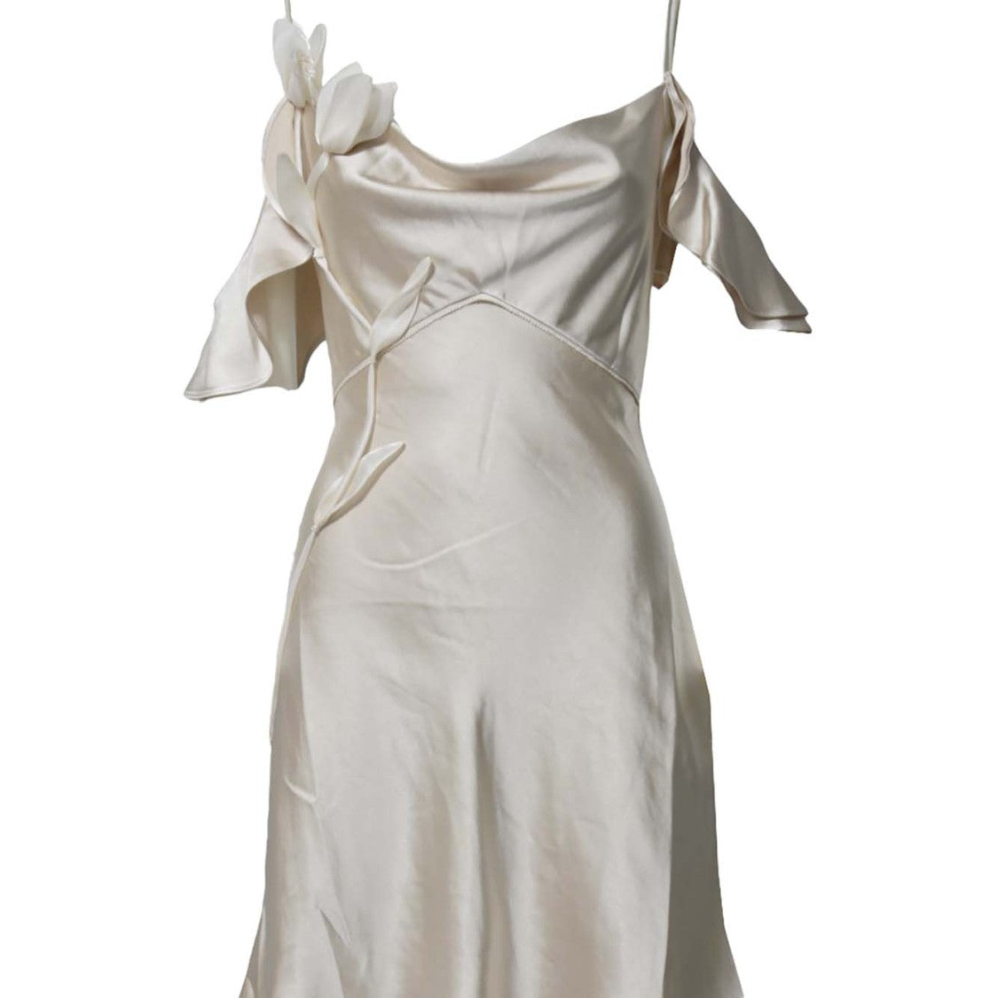 Self-Portrait Beige Satin Mini Dress With Cold Shoulder Design And Floral Appliqués