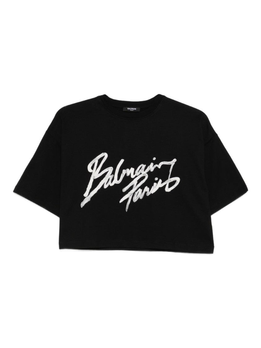 Balmain Cropped Black T-Shirt With Bold White Logo