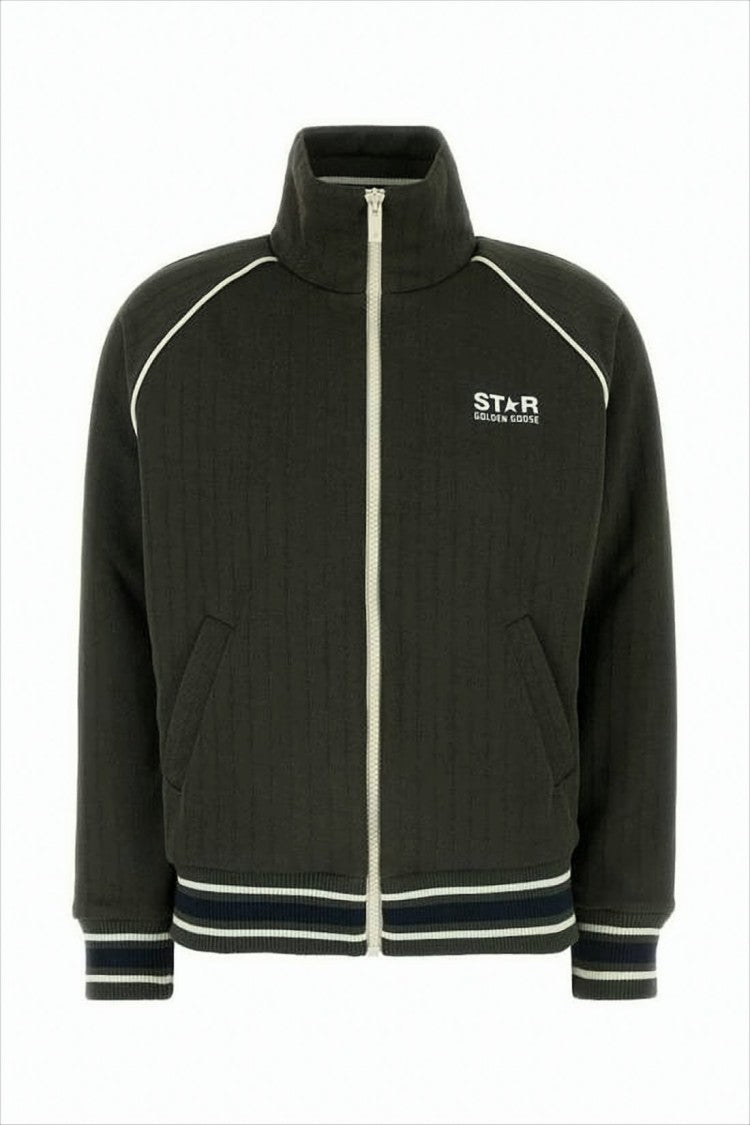 Golden Goose Quilted Black Jacket With High Collar And Striped Detailing