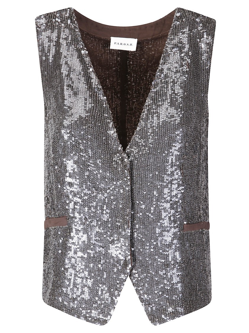 P.A.R.O.S.H. Silver Sequined Vest With Deep V-Neckline