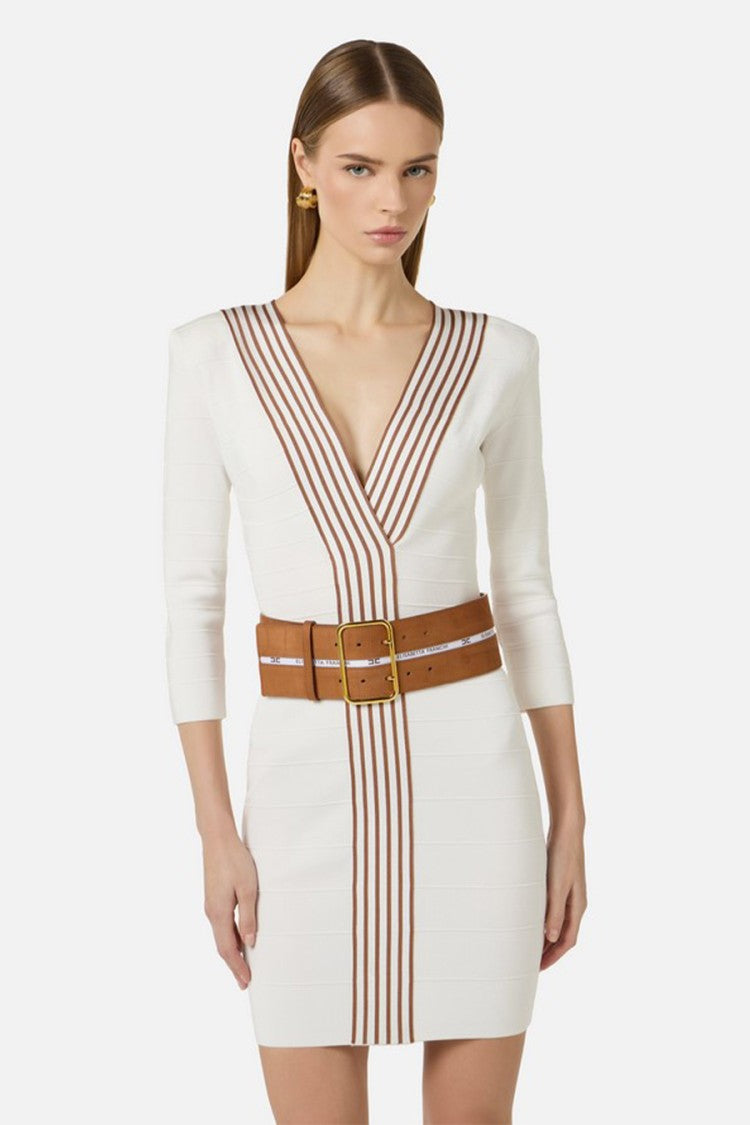 Elisabetta Franchi White Tan Striped Leather Belt Viscose-Blend Dress