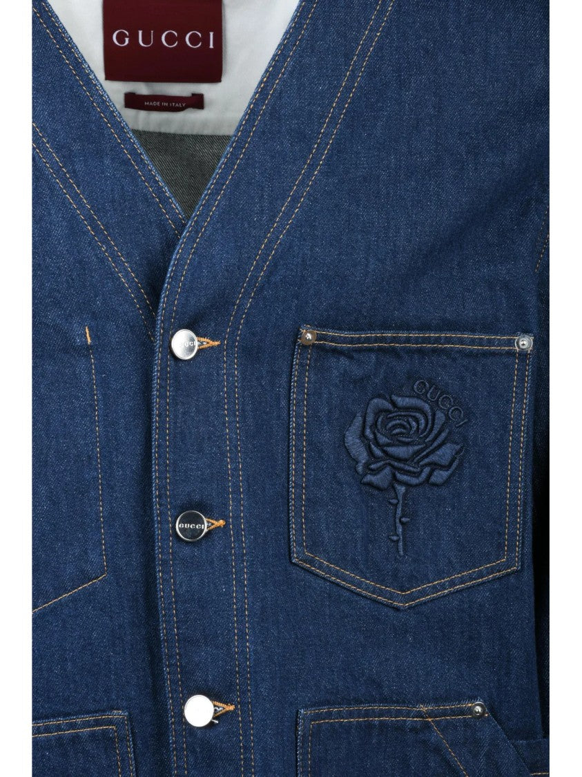 Gucci Blue Unlined Rose Detail Denim Jacket