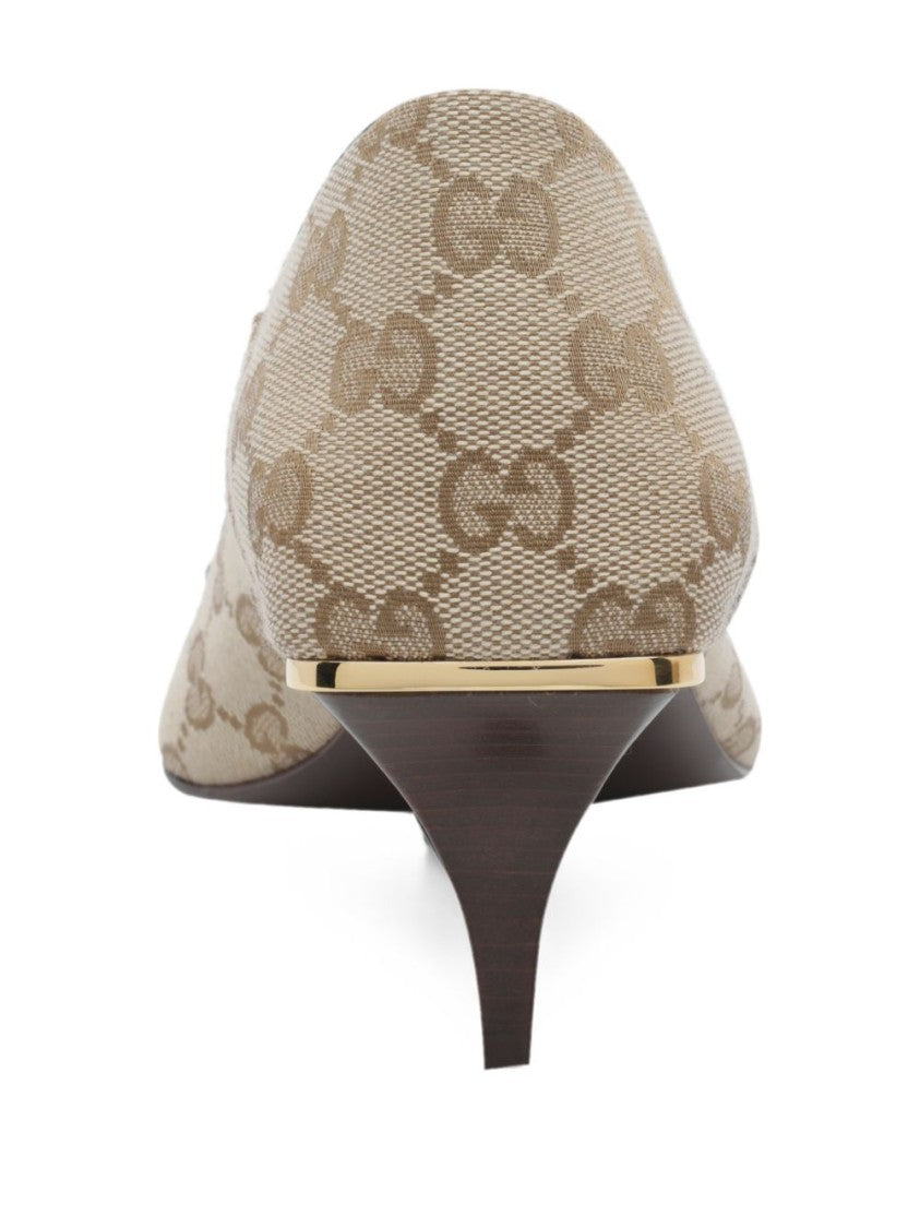 Gucci Monogram Fabric Pointed-Toe Gold Accent Shoes