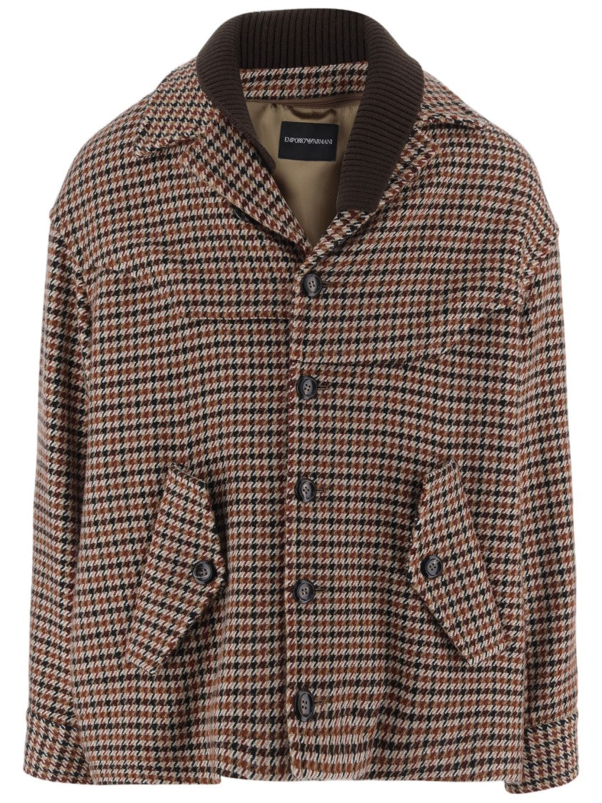 Emporio Armani Beige Classic Houndstooth Rib-Collared Coat