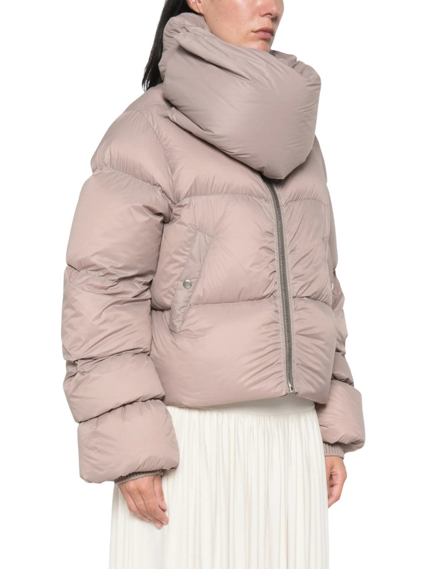 Rick Owens Rose Pink Funnel Neck Quilted Recycled Nylon Down Jacket
