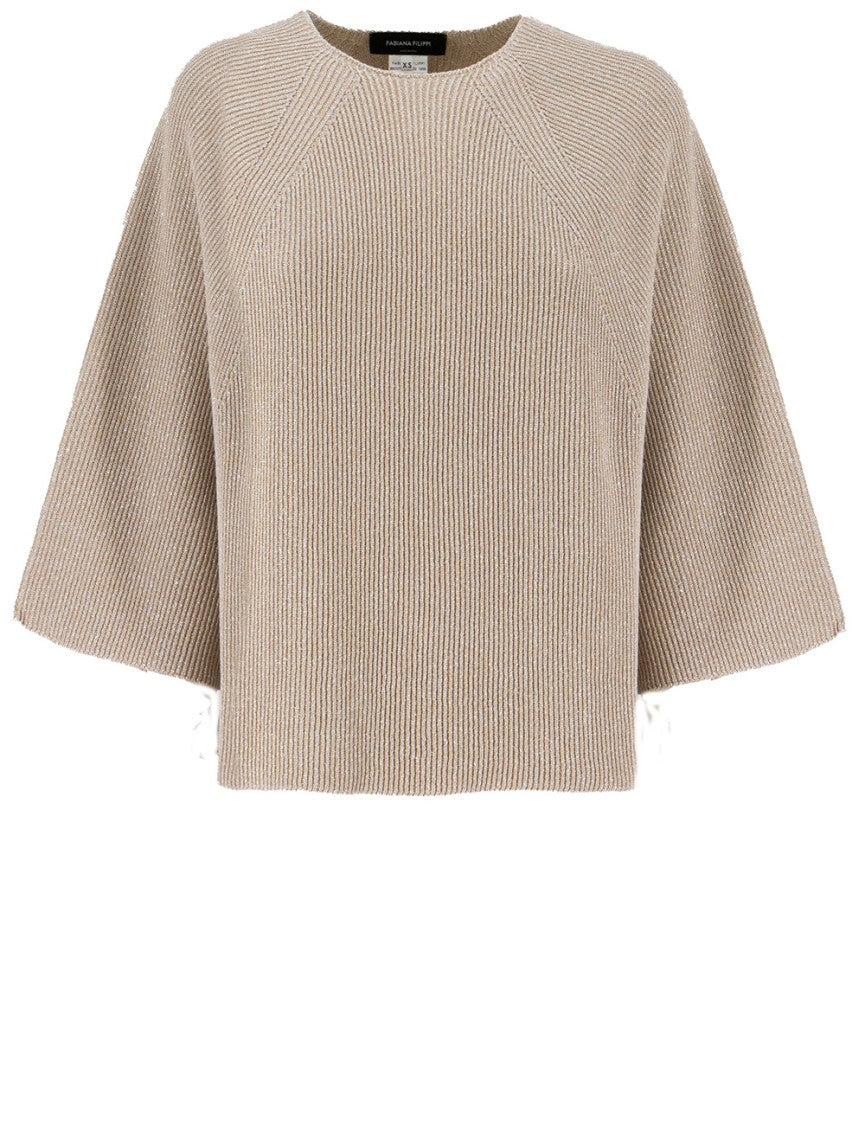 Fabiana Filippi Ribbed Sand Cotton Sweater With Three-Quarter Sleeves