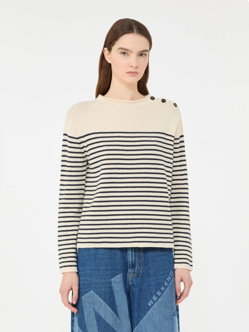 Max Mara Knitted Long-Sleeve Top With Horizontal Navy Stripes