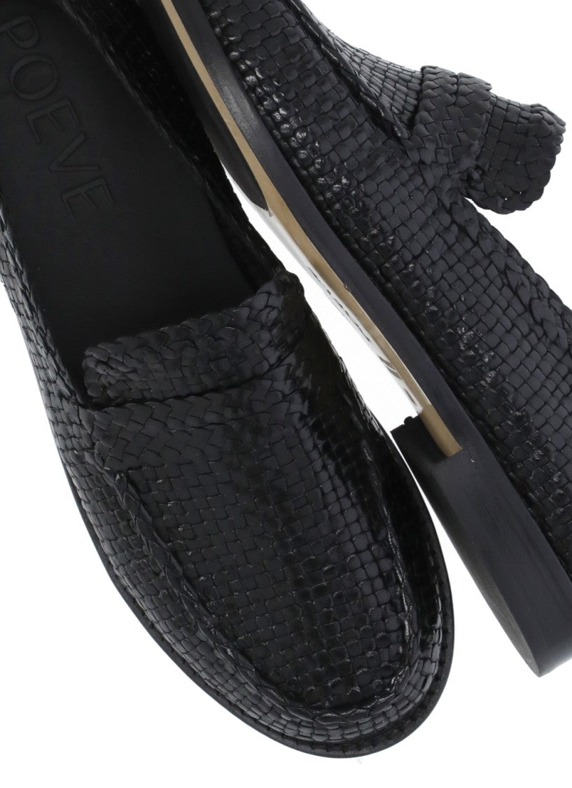 Poeve Black Woven Pattern Leather Loafers