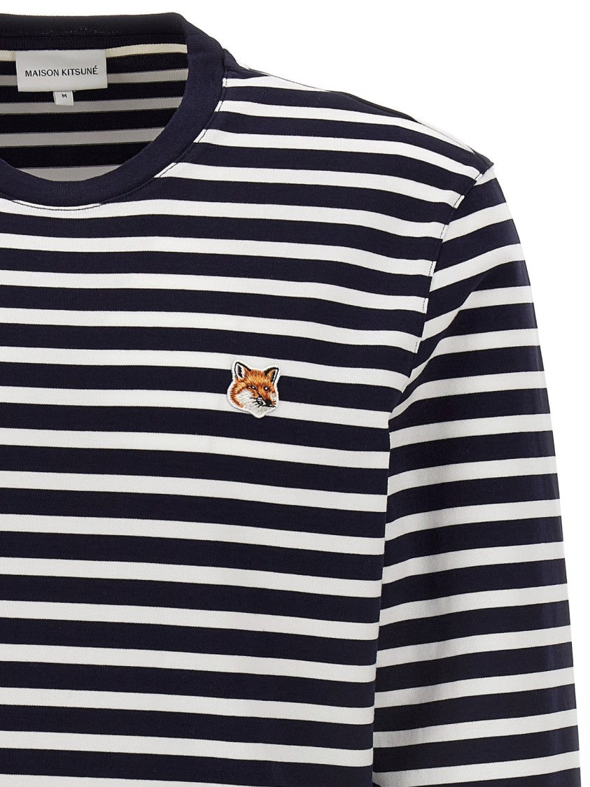 Maison Kitsuné Horizontal Striped Long-Sleeve T-Shirt With Embroidered Fox Emblem