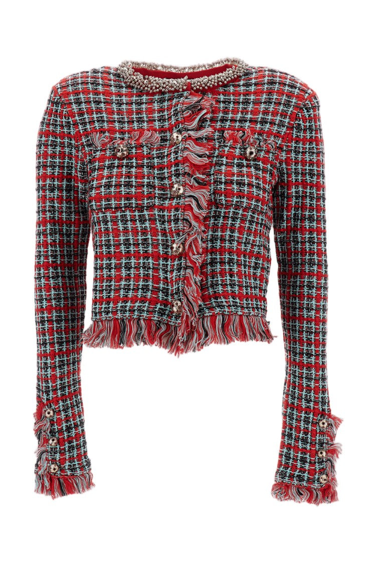 Self-Portrait Frayed Red Check Knit Jacket With Bead Embellishment