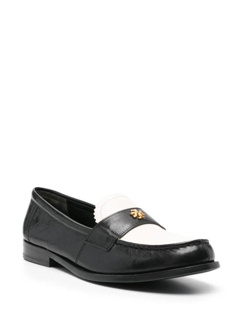 Tory Burch Black Leather Loafers With Decorative Emblem