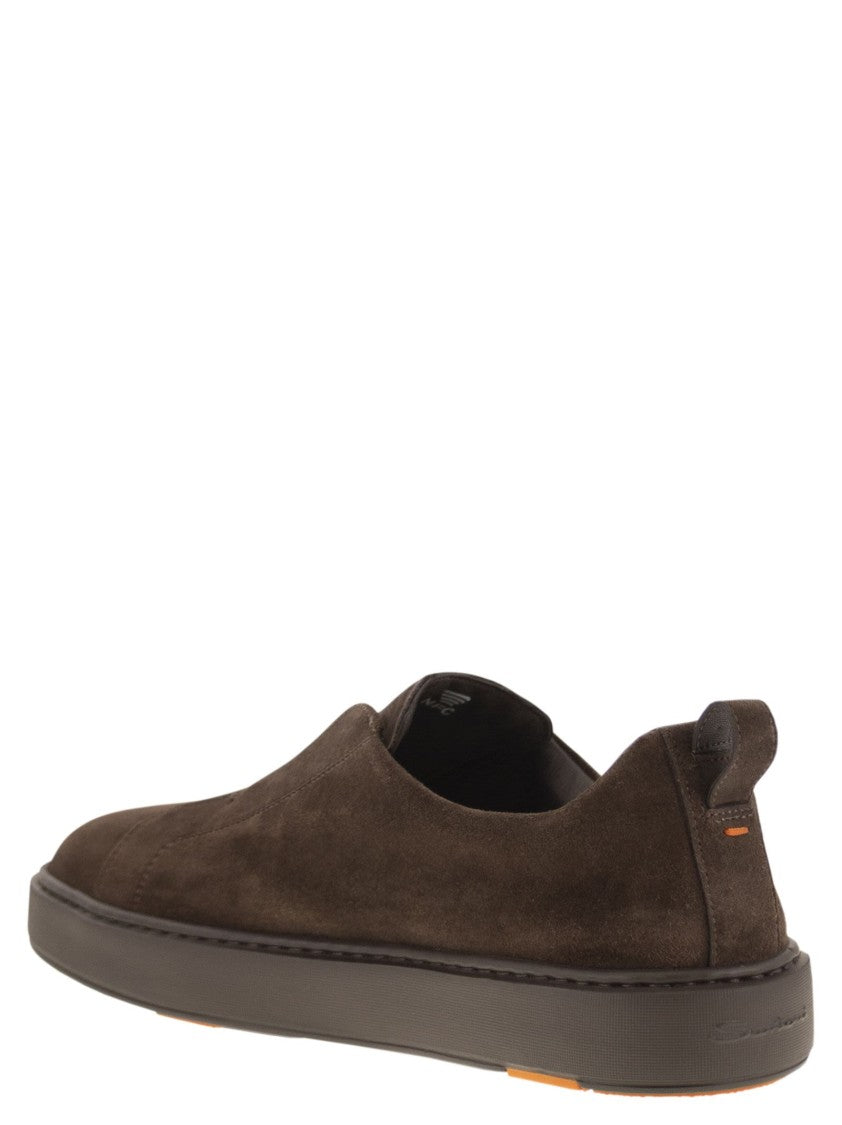 Santoni Suede Slip-On Trainer With Double Buckle Decoration