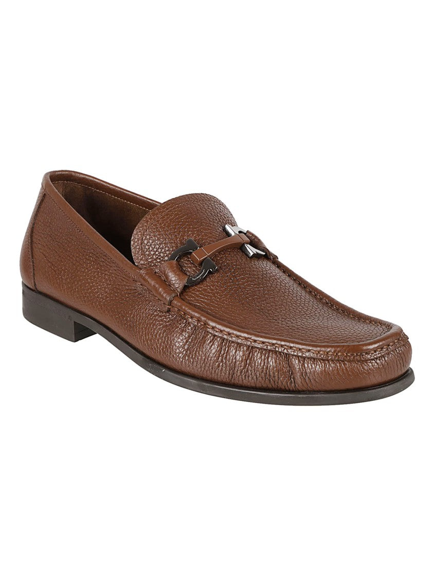 Ferragamo Pebbled Leather Loafers With Round Toe And Metal Bit Detail