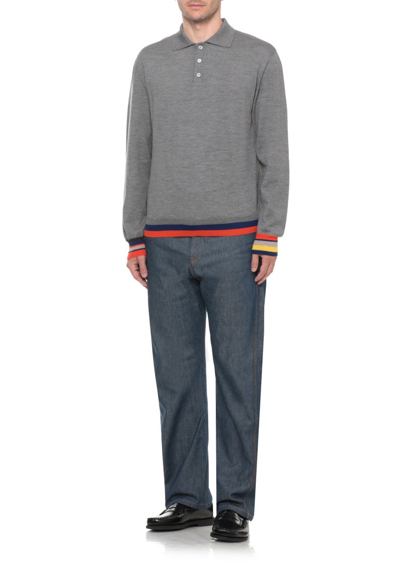 Moschino Grey Striped Detailing Knit Wool Polo Shirt
