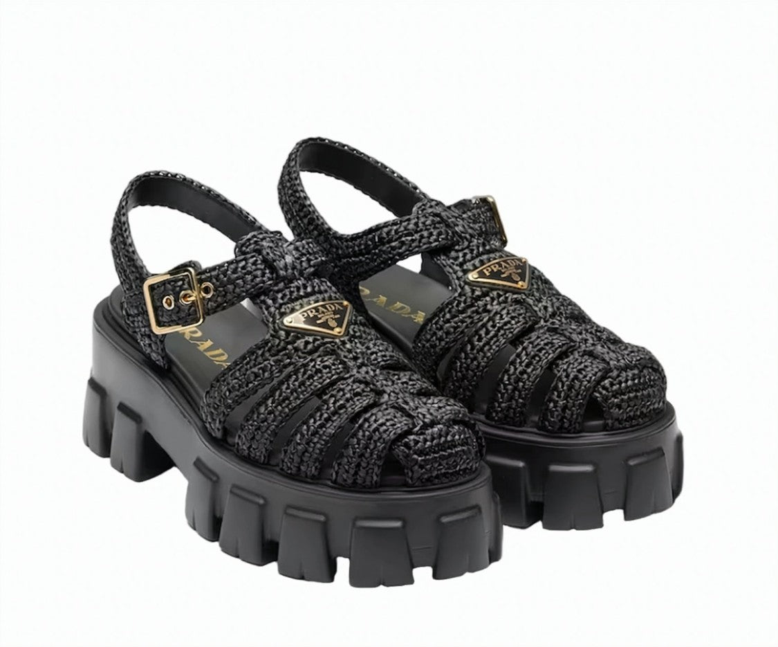 Prada Beige Monolith Crochet Raffia Cage Sandals