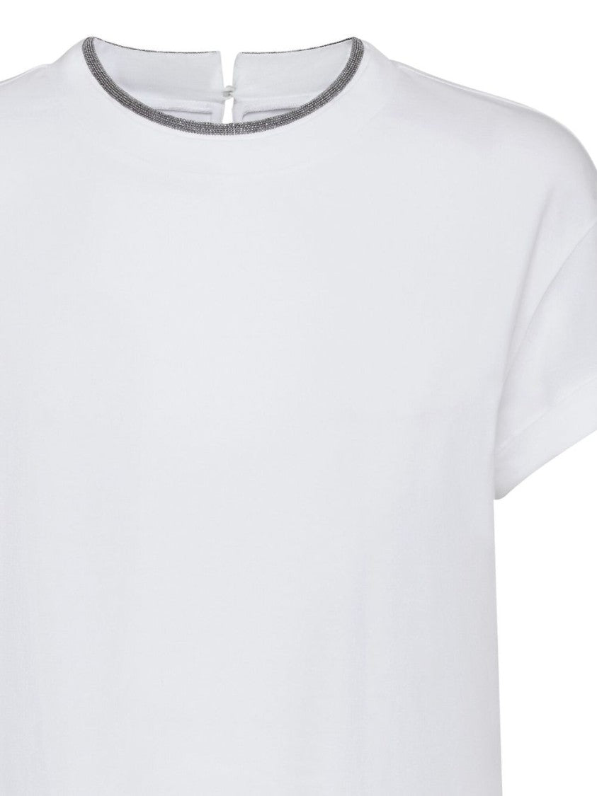 Brunello Cucinelli White Monili Detail Crew Neck Cotton T-Shirt