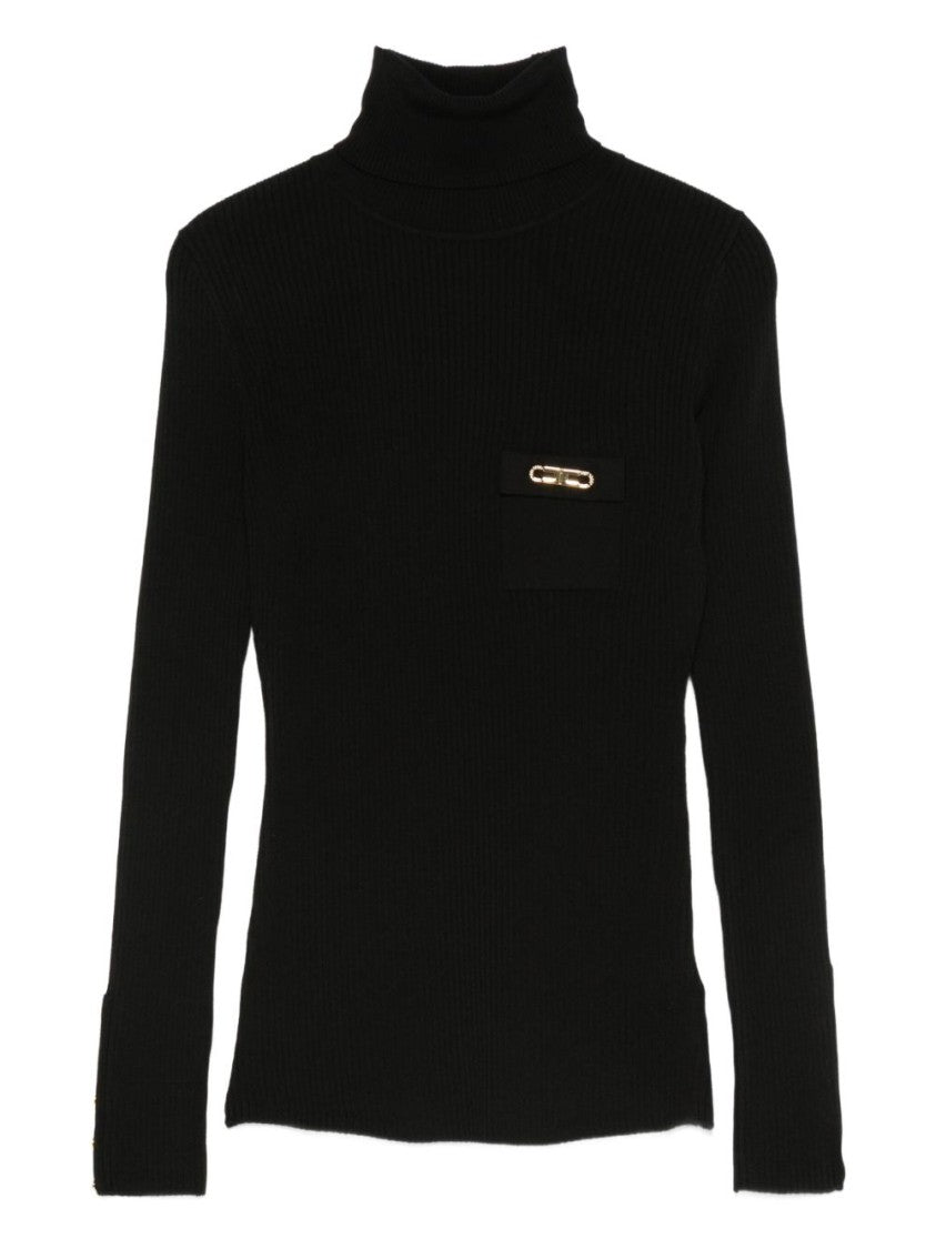 Elisabetta Franchi Black Turtleneck Sweater With Ribbed Texture