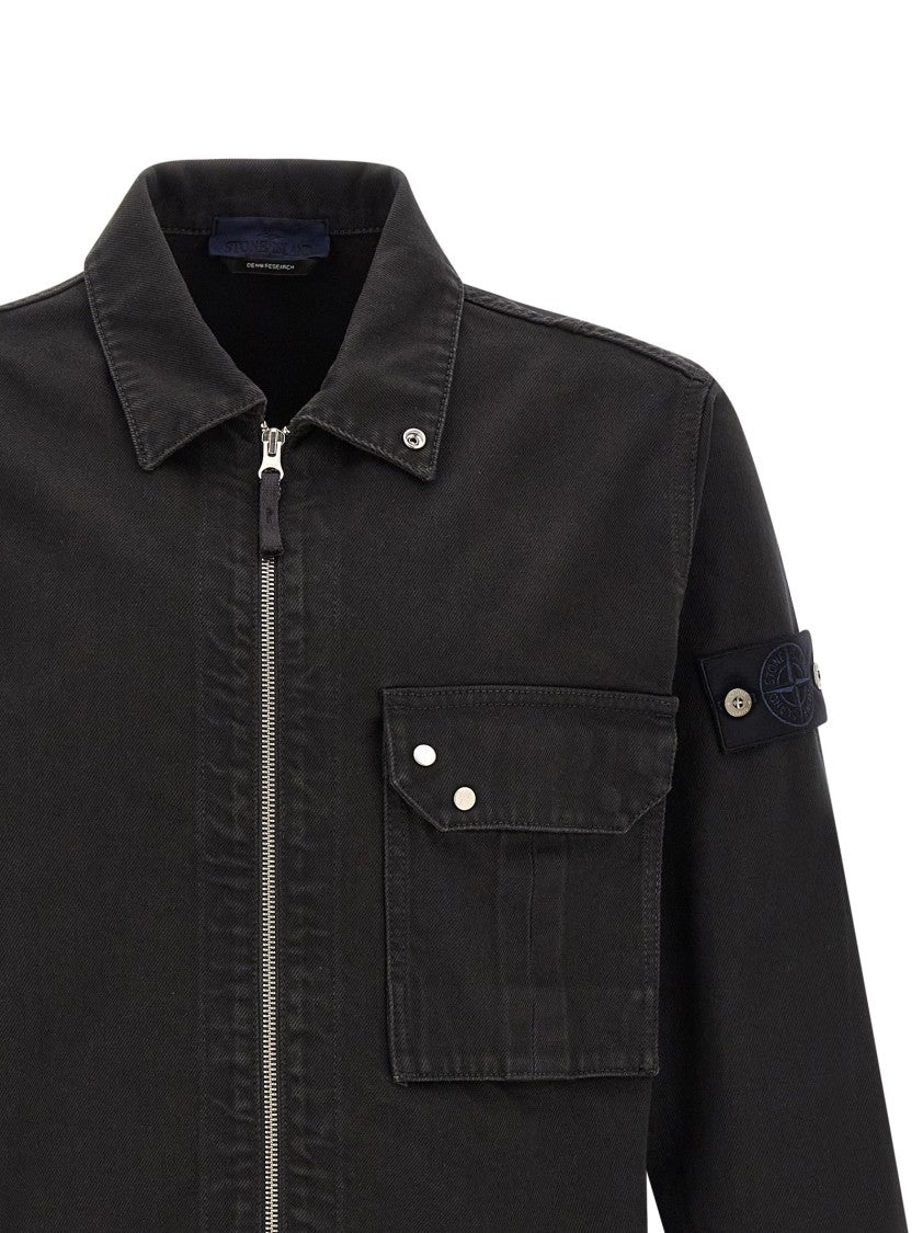 Stone Island Structured Black Denim Overshirt With Zip Closure