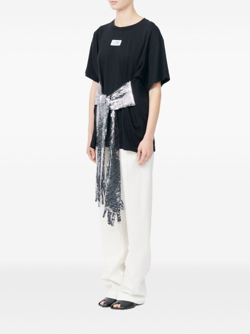 Mm6 By Maison Margiela Avant-Garde Black T-Shirt With Silver Sequin Belt