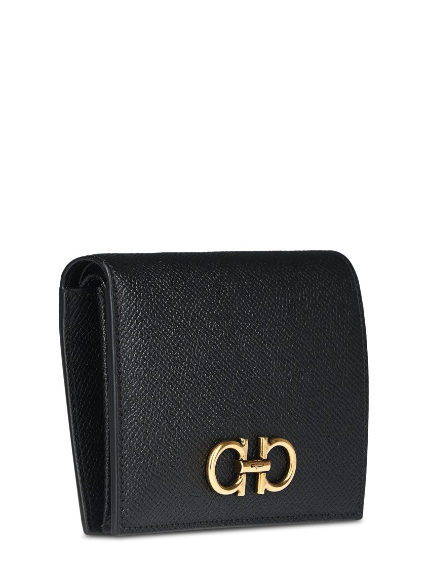Ferragamo Structured Black Calfskin Wallet With Gold Logo