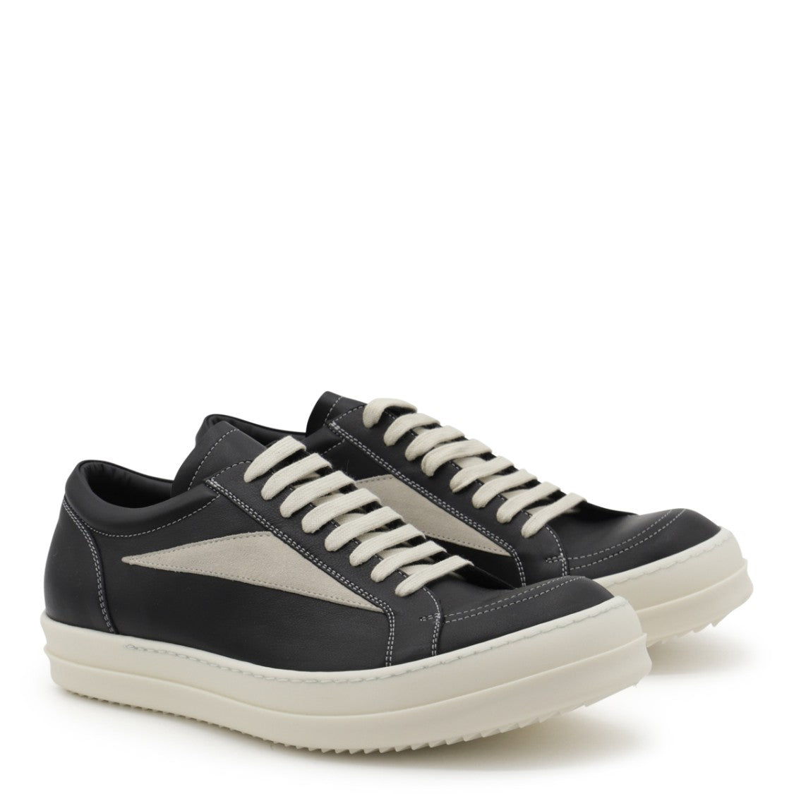 Rick Owens Black Leather White Stitching Sneakers