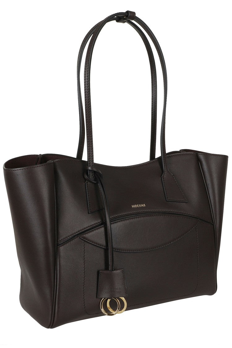 Hidesins Dark Brown Double Handle Embossed Logo Leather Tote Bag