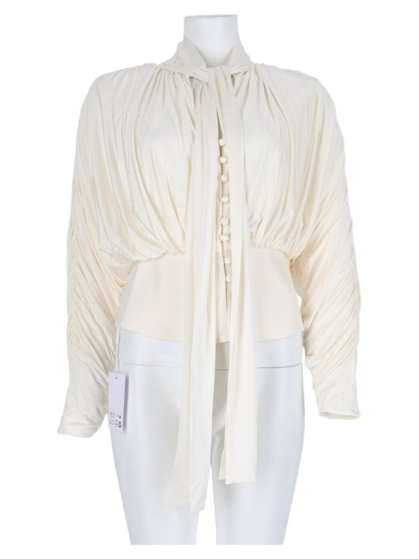 Self-Portrait Ivory Draped Ruched Necktie Viscose-Blend Top