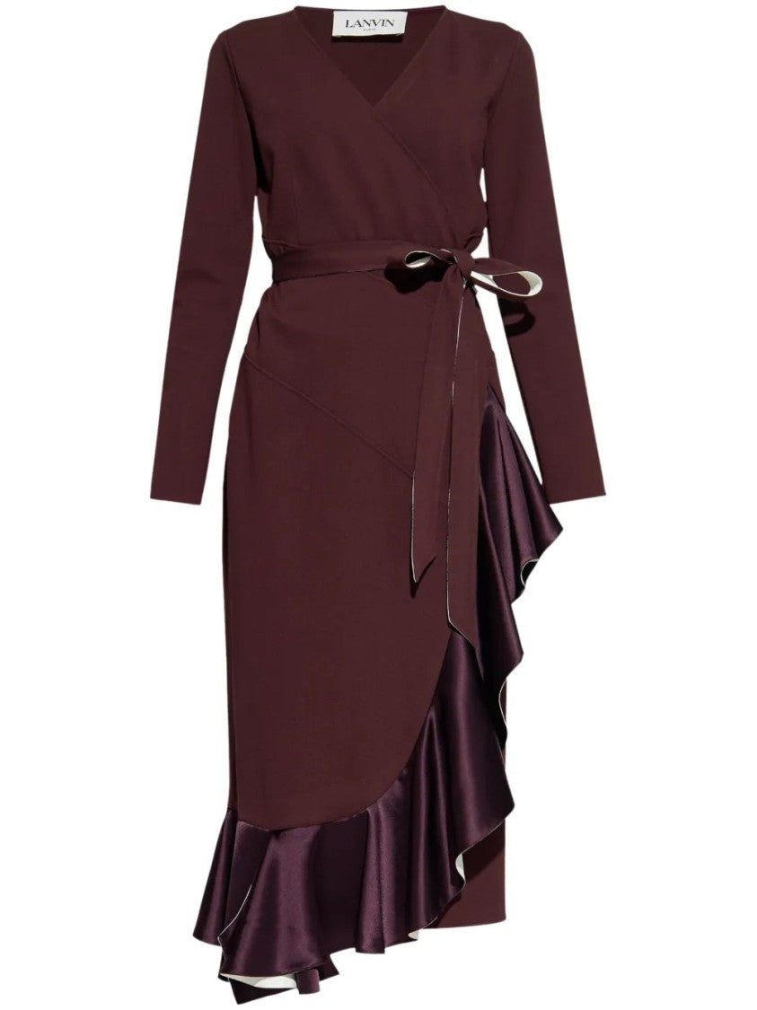 Lanvin Asymmetrical Ruffled Burgundy Mini Wrap Dress