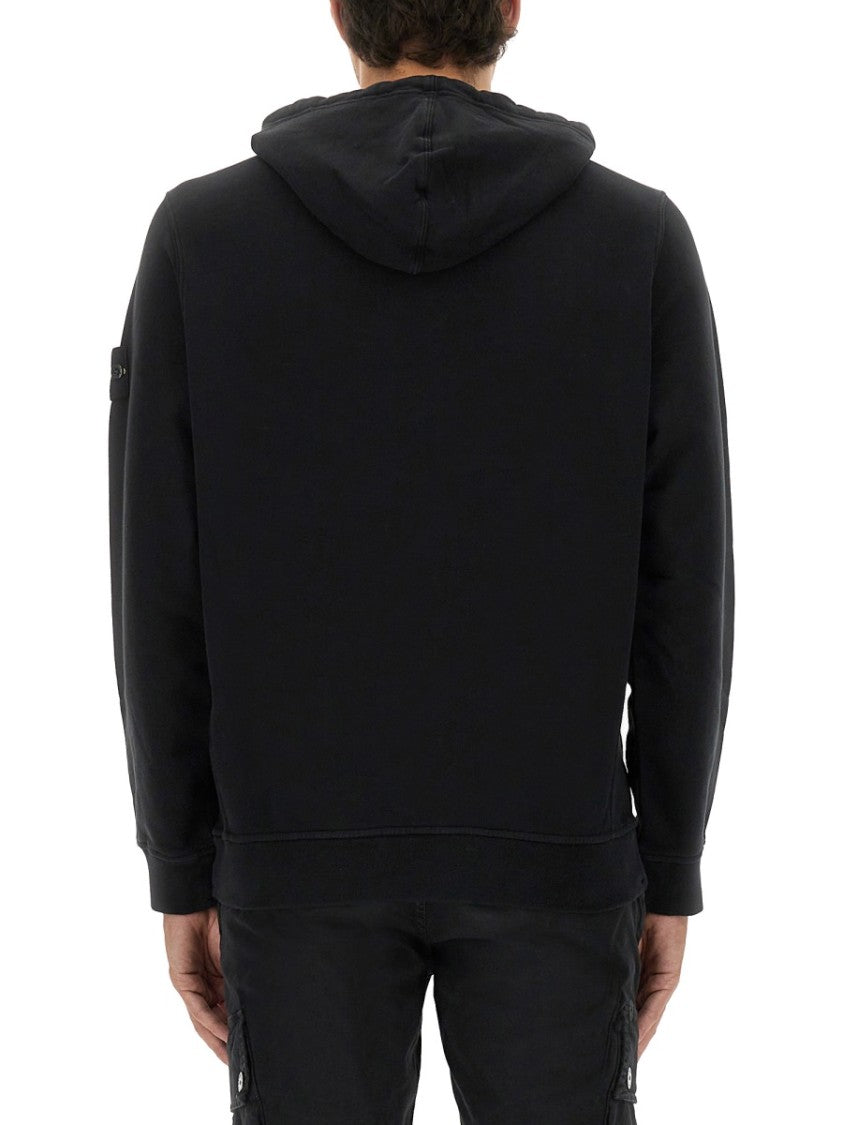 Stone Island Black Cotton Hoodie With Logo Patch