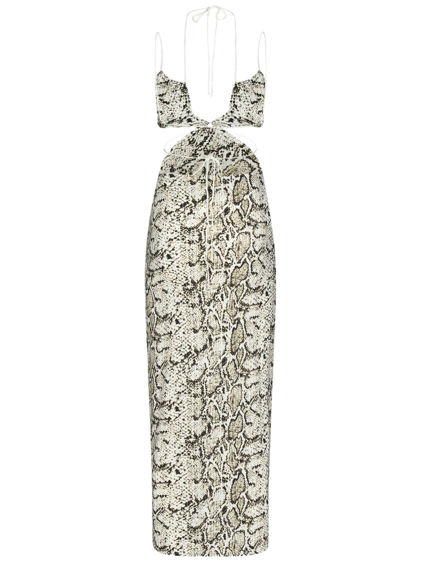 Amazuin Beige Python-Print Midi Dress With Cut-Outs
