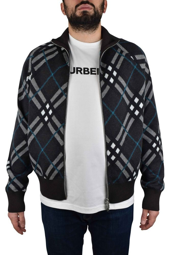 Burberry Check Pattern Wool Cardigan With High Collar