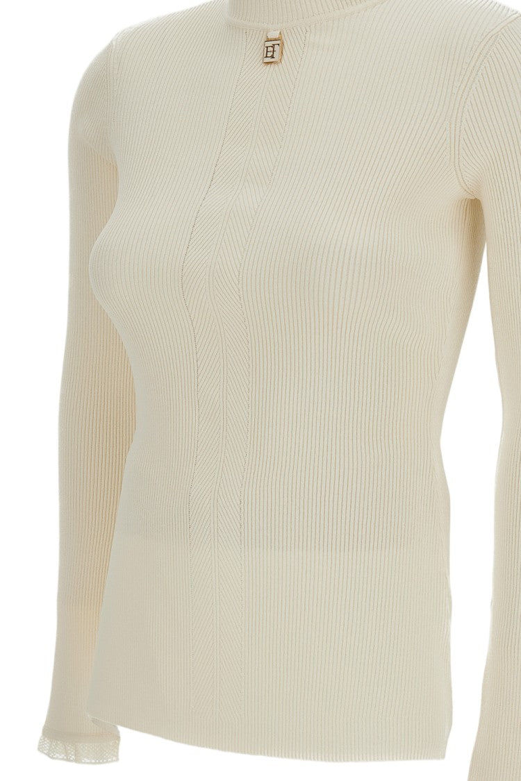 Elisabetta Franchi White Ribbed Stretch Turtleneck Sweater