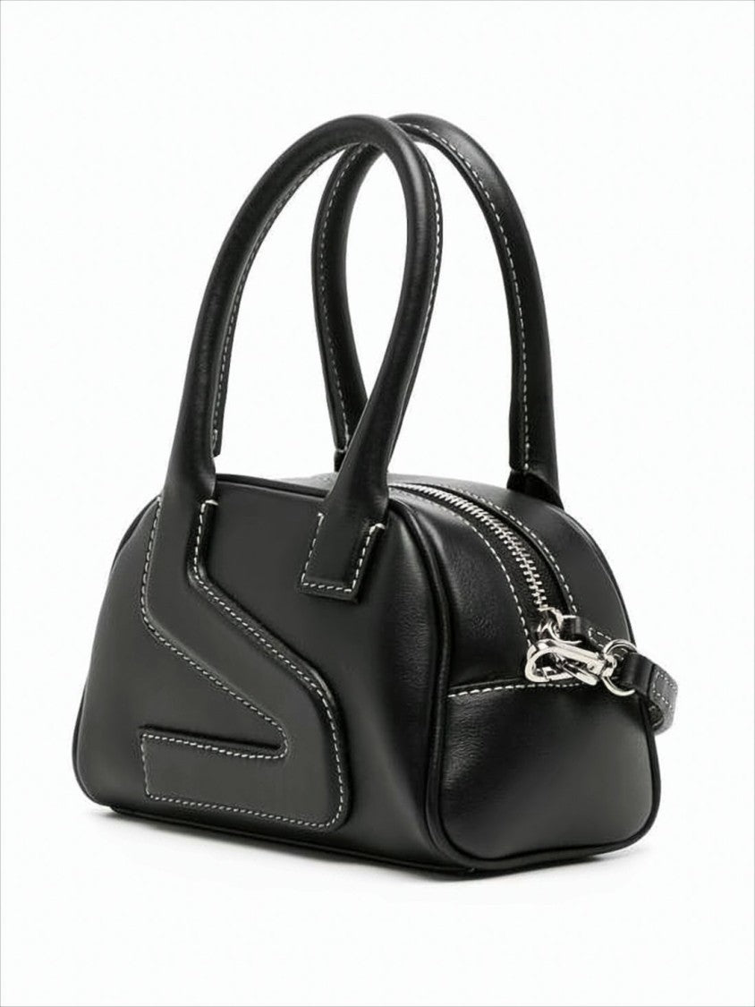 Yuzefi Structured Black Leather Tote Bag With Zigzag Stitching