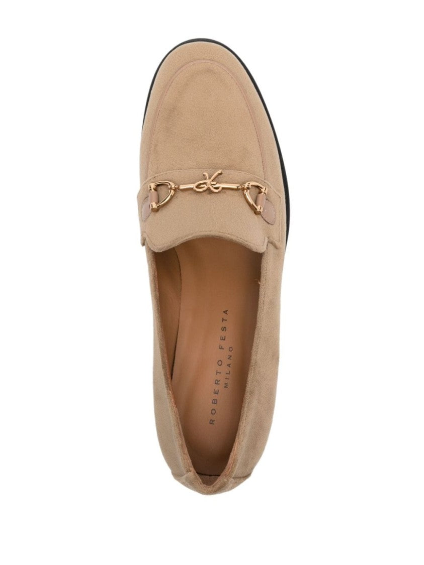 Roberto Festa Almond Beige Velvet Horsebit Detail Flats