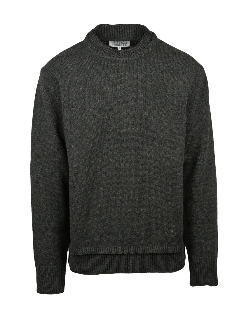 Maison Margiela Textured Knit Crewneck Sweater With Distinctive Suede Elbow Patches