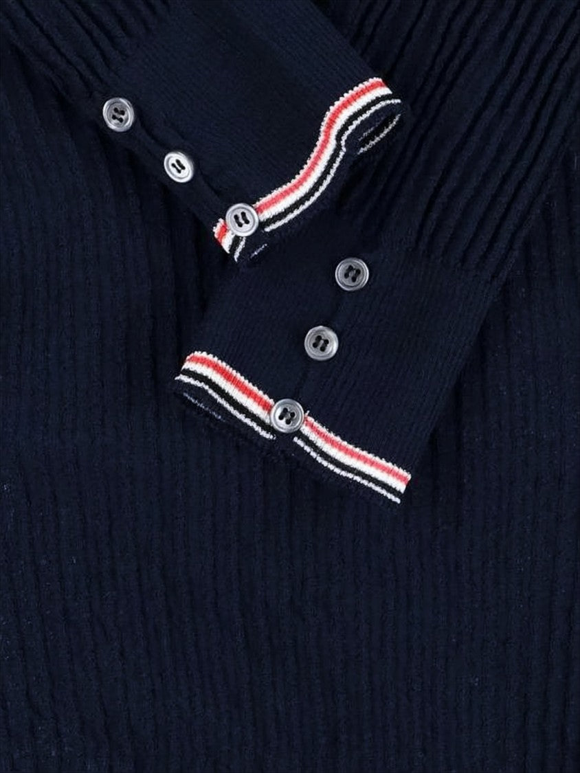 Thom Browne Ribbed Knit Sweater With Tricolor Stripe Trim