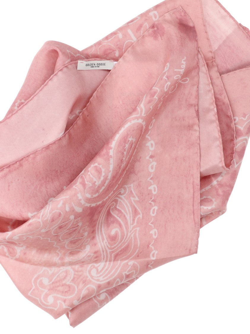 Golden Goose Pink Paisley Design Square Silk Scarf