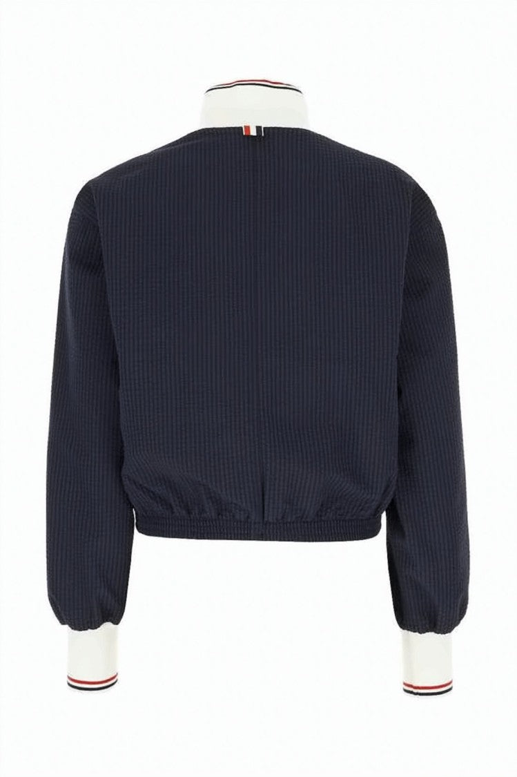 Thom Browne Cropped Navy Jacket With Textured Wool