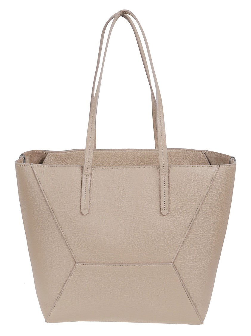 Brunello Cucinelli Textured Leather Tote Bag With Chain Detail And Logo Print